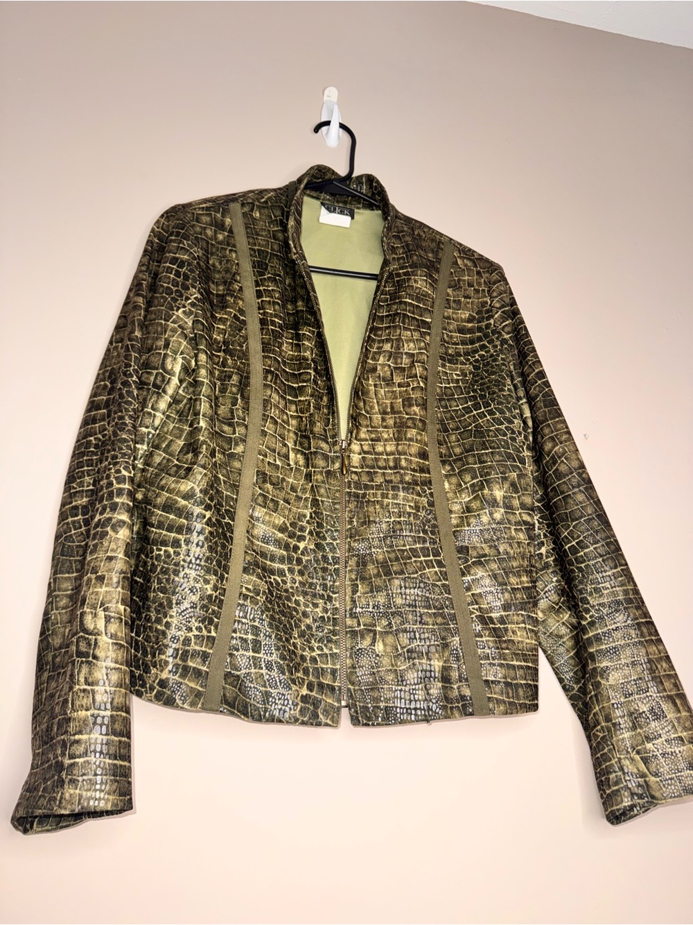 Croc-Embossed Olive Green Zip Jacket